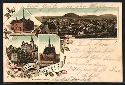 Lithographie Pössneck, Gesamtansicht, Post, Villenviertel, Rathhaus