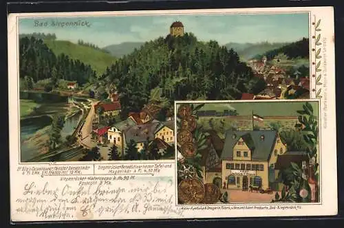 Lithographie Bad Ziegenrück, Ortsansicht um den Hügel, Adler-Apotheke & Drogerie
