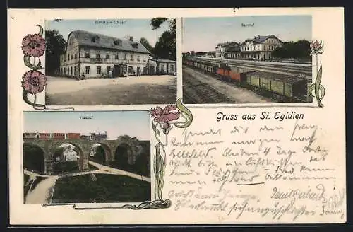 AK St. Egidien, Gasthof zum Schwan, Bahnhof, Eisenbahn auf dem Viaduct