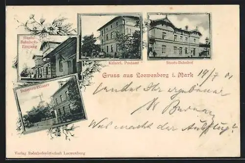 AK Loewenberg i. Mark, Kaiserliches Postamt, Staats-Bahnhof, Beamten-Häuser
