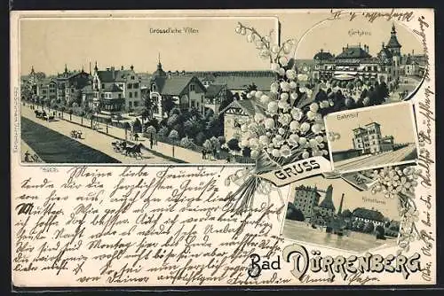 Lithographie Bad Dürrenberg, Grössel`sche Villen, Kurhaus, Bahnhof, Kunstturm