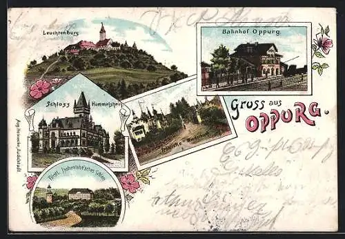 Lithographie Oppurg, Leuchtenburg, Bahnhof, Schloss Hummelshein, Fröhliche Wiederkunft, Fürstl Hohenlohe`sches Schloss