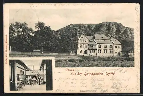 AK Oepitz, Gasthaus Rosengarten mit Innenansicht