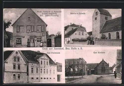 AK Asendorf / Dornstedt, Materialwarengeschäft Anton Kützing, Güter Freimann und Kleinau, Kirche und Schule