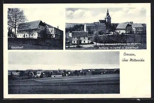 AK Crossen / Erlau, Gasthof, Schule und Kirche, Gesamtansicht