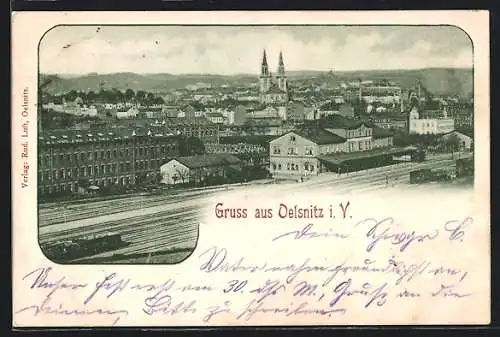 AK Oelsnitz i. V., Gesamtansicht über die Bahntrassen mit zentraler Kirche