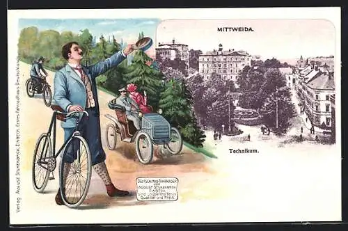 Lithographie Mittweida, Partie am Technikum, Reklame für Deutschland-Fahrräder von August Stukenbrok Einbeck