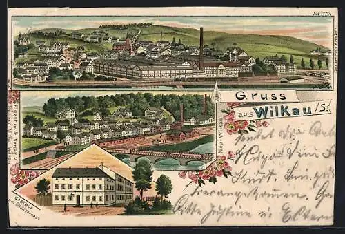 Lithographie Wilkau /S., Gesamtansicht mit Fabrik, Ortsansicht mit Bahnhof, Gasthof zum Schützenhaus