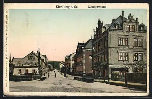 Goldfenster-AK Kirchberg i. Sa., Königstrasse mit Anwohnern