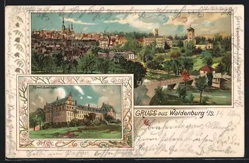 Lithographie Waldenburg / Sachsen, Fürstl. Seminar, Teilansicht der Stadt