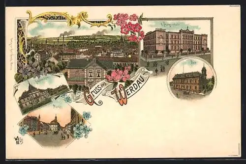 Lithographie Werdau / Sachsen, Gasthaus Schützenhaus, Bürgerschule, Post