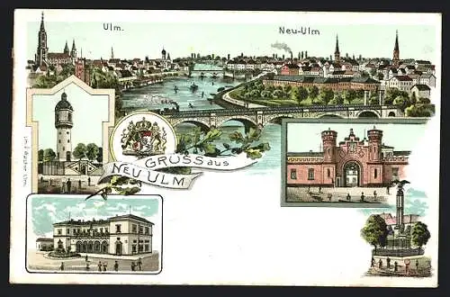 Lithographie Neu-Ulm, Ansicht von Ulm, Denkmal, Totalansicht