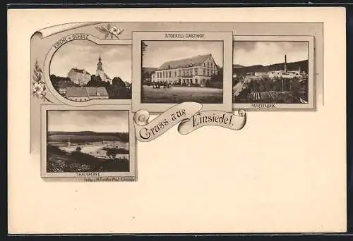 AK Einsiedel / Chemnitz, Gasthof Stoekel, Papierfabrik, Kirche & Schule