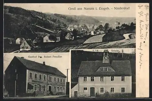 AK Nassau / Erzgebirge, Gasthof R. Preussler, Schule, Ortsansicht