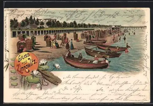 Lithographie Zinnowitz, Strand mit Booten