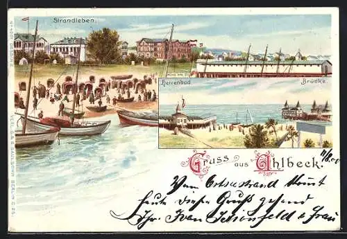 Lithographie Ahlbeck / Seebad, Herrenbad und Brücke, Strandleben