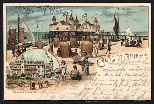 Lithographie Ahlbeck / Seebad, Hotel Ahlbecker Hof, Der Seesteg