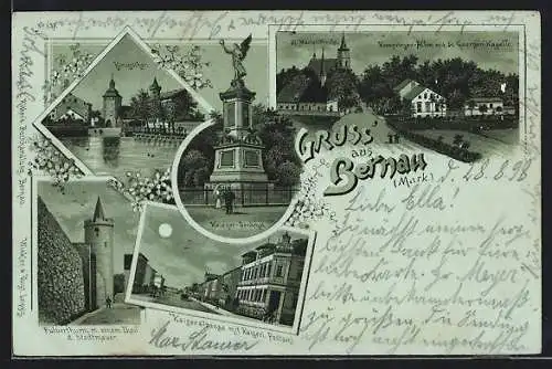 Mondschein-Lithographie Bernau /Mark, Kaiserstrasse mit Kaiserlichem Postamt, Königstor, Krieger-Denkmal