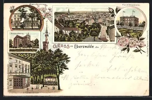 Lithographie Eberswalde, Gesundbrunnen, Kloster Chorin, Gasthof Schützenhaus, Forstakademie