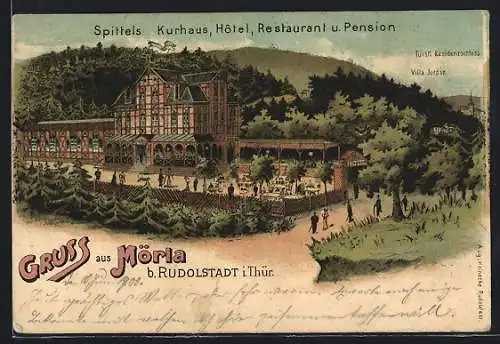 Lithographie Mörla /Rudolstadt, Spittels Kurhaus-Restaurant-Pension mit Umgebung