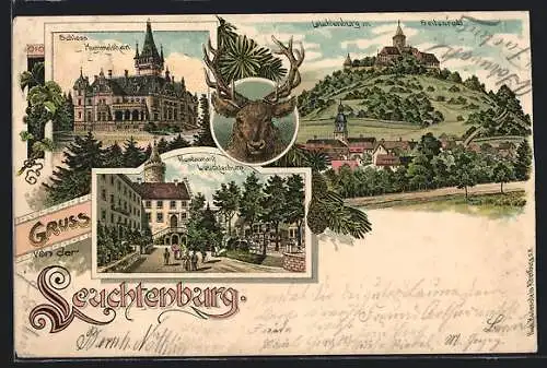 Lithographie Seitenroda, Restaurant Leuchtenburg, Teilansicht mit Burgblick, Schloss Hummelshain