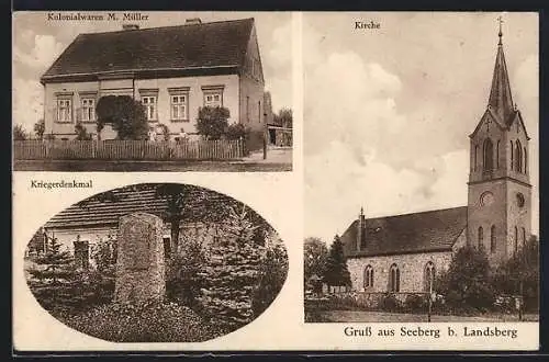 AK Seeberg /Landsberg, Kolonialwaren M. Müller, Kriegerdenkmal, Kirche