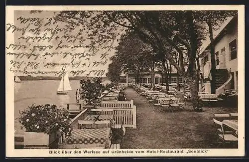 AK Grünheide i. M., Hotel-Restaurant Seeblick M. Hiller, Terrasse mit Werlsee-Blick