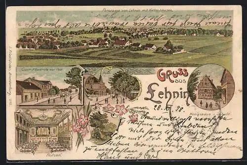 Lithographie Lehnin, Gasthof Berkholz zur Post, Festsaal, Königshaus und Schule