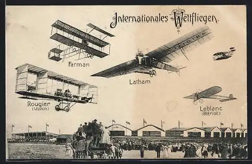 AK Berlin-Johannisthal, Internationales Wettfliegen, Farman und Latham über dem Flugplatz