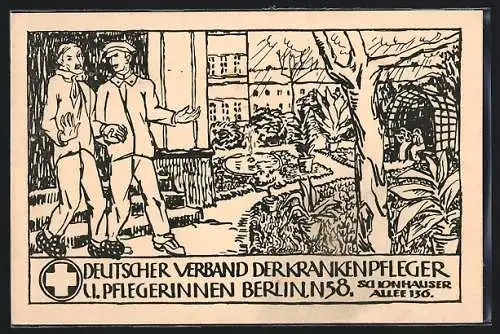 Künstler-AK Berlin, Deutscher Verband der Krankenpfleger, Schönhauser Allee 136, Pfeger mit Patient im Garten