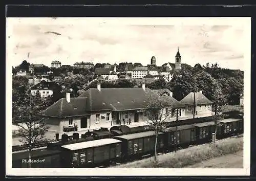 AK Pfullendorf, Bahnhof mit Ortsblick aus der Vogelschau