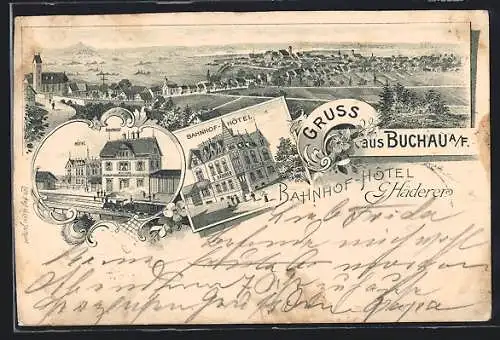 Lithographie Buchau a. F., Bahnhof-Hotel G. Häderer