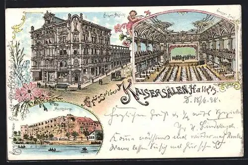 Lithographie Halle a. S., Gaststätte Kaisersäle mit Innenansicht, Moritzburg