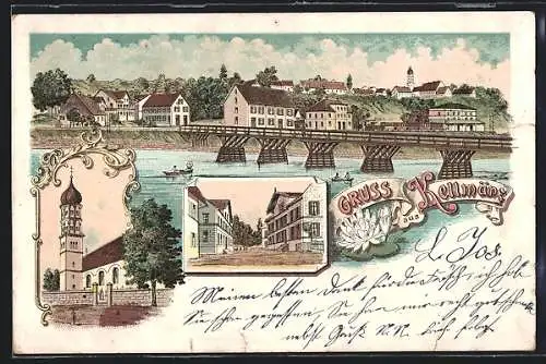 Lithographie Kellmünz, Strassenansicht, Kirchenansicht, Blick übers Wasser zum Ort