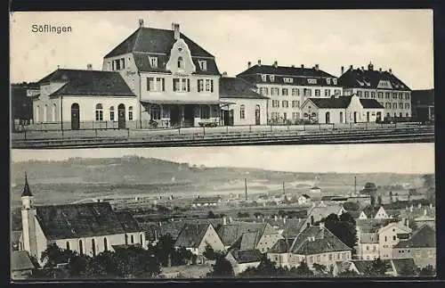 AK Söflingen, Bahnhof mit Gleisen, Teilansicht mit Kirche