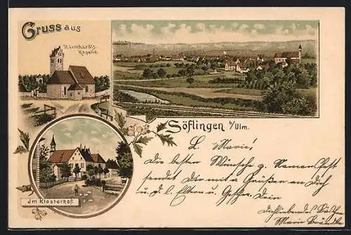 Lithographie Söflingen b. Ulm, Strassenpartie im Klosterhof, St. Leonhardts-Kapelle, Gesamtansicht