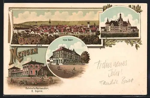 Lithographie Mengen / Württ., Hotel Baier, Bahnhof und Restaurant von R. Sigerist, Spital