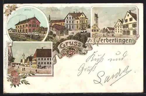 Lithographie Herbertingen, Bahnhof, Gasthaus Chr. Kühn, Strassenpartie
