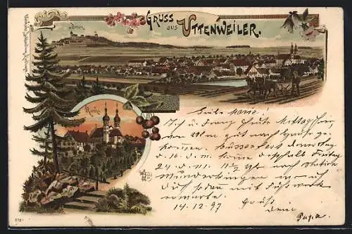 Lithographie Uttenweiler, Kirche, Waldpartie, Gesamtansicht mit Bussen