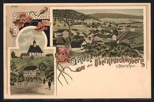 Lithographie Oberneuschönberg, Strassenpartie mit Blick zur Kirche, Teilansicht vom Ort