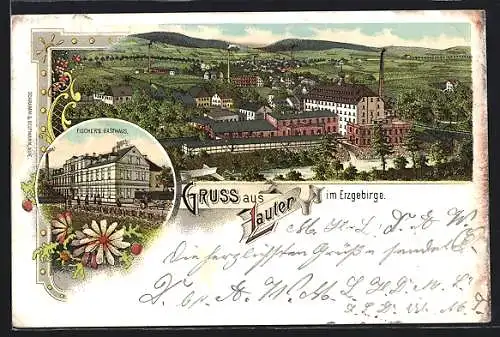 Lithographie Lauter /Erzgeb., Fischers Gasthaus, Totalansicht mit Umgebung und Bergpanorama