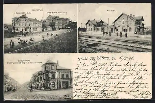 AK Wilkau /Sa., Hauptstrasse mit Hotel Stadt Kirchberg und Bahnschlösschen, Bahnhof