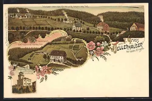 Lithographie Tellerhäuser im sächs. Erzgeb., Schneider`s Gasthof, Unterkunftshaus a. d. Fichtelberg, Panorama