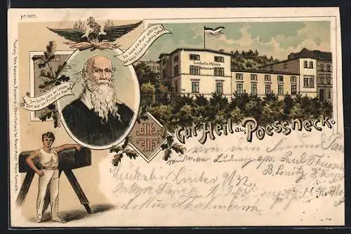 Lithographie Pössneck, Turnhalle Phönix, Portrait Turnvater Jahn