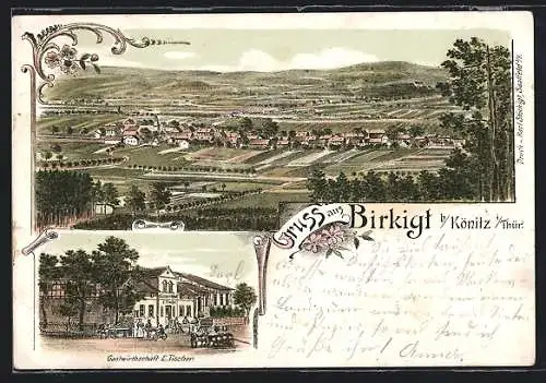 Lithographie Birkigt bei Könitz /Th., Gastwirthschaft E. Tischer, Gesamtansicht mit Umgebung