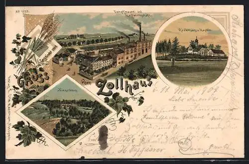 Lithographie Zollhaus / Unterwellenborn, Dampfbrauerei und Gastwirtschaft, Revierhaus und Kapelle, Ziegenberg