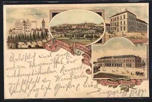 Lithographie Aulendorf, Bahnhof-Gebäude, Gasthaus z. Löwen, Schloss und Kirche