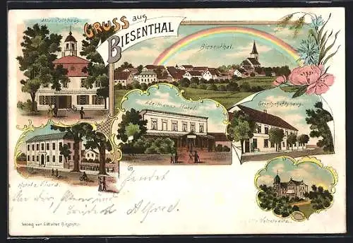 Lithographie Biesenthal / Mark, Adermanns Hotel, Hotel z. Flora, Gesellschaftshaus, Altes Rathaus