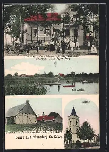 AK Wünsdorf, Colonialwarenhandlung Fr. Krug, Scheune mit dem historischen Storchnest, Kirche