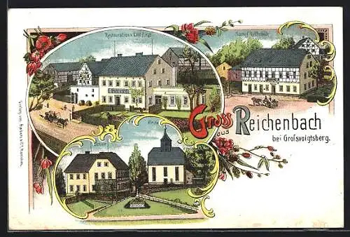 Lithographie Reichenbach b. Grossvoigtsberg, Restauration v. Emil Ziegs, Gasthof Reichenbach, Schule, Kirche